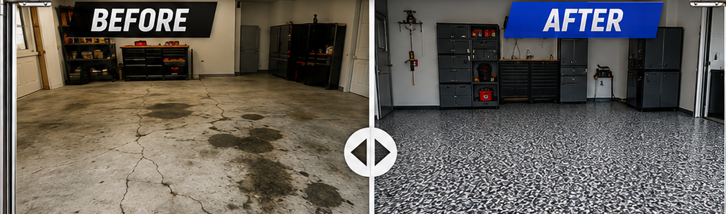 Before and after garage floor transformation with Buffalo Floor Coatings