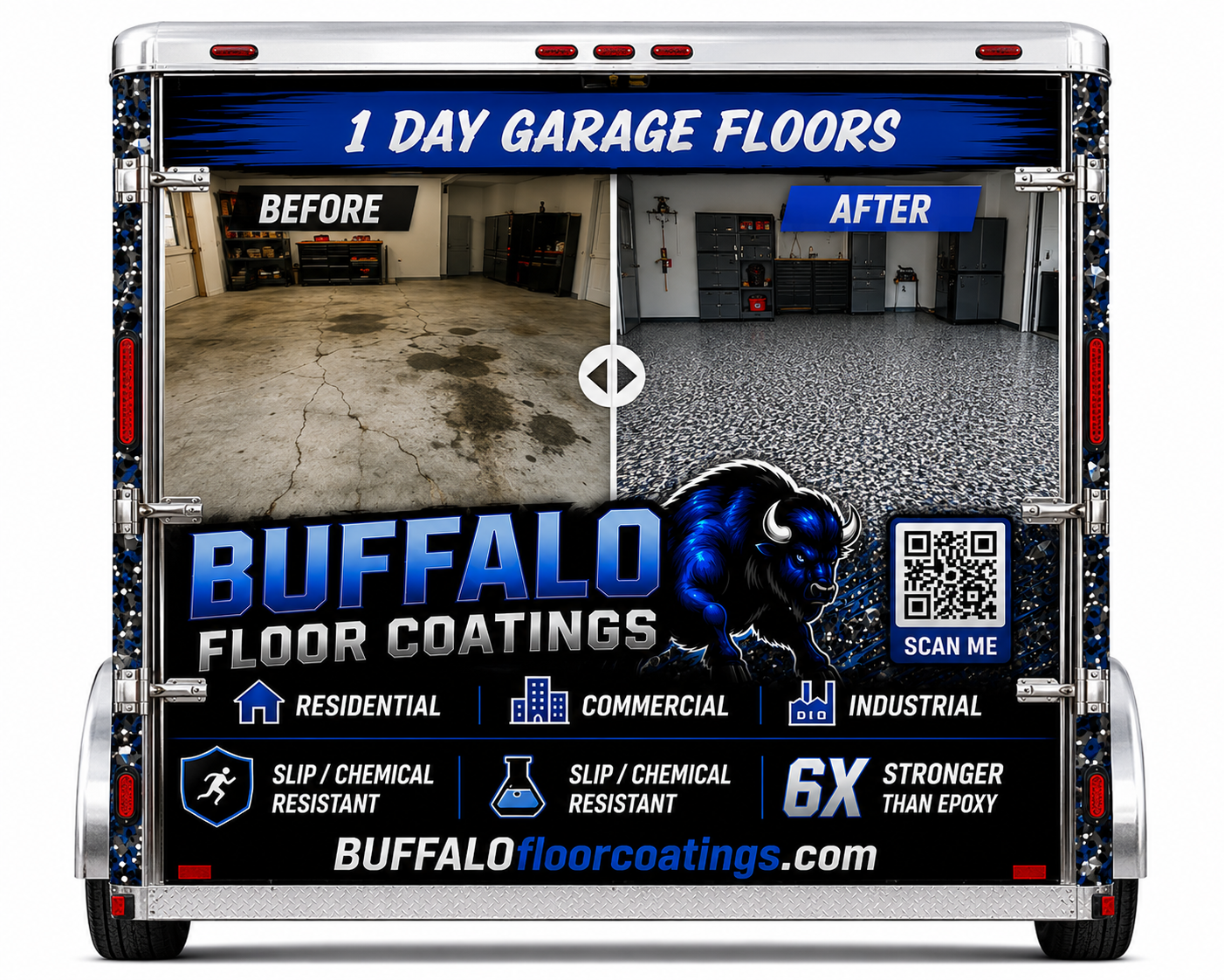 Buffalo Floor Coatings branded trailer rear door with before and after garage floor