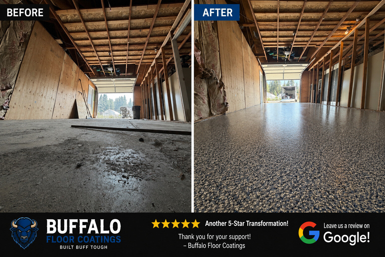 Before and after garage floor transformation, newly framed garage with flake polyaspartic floor