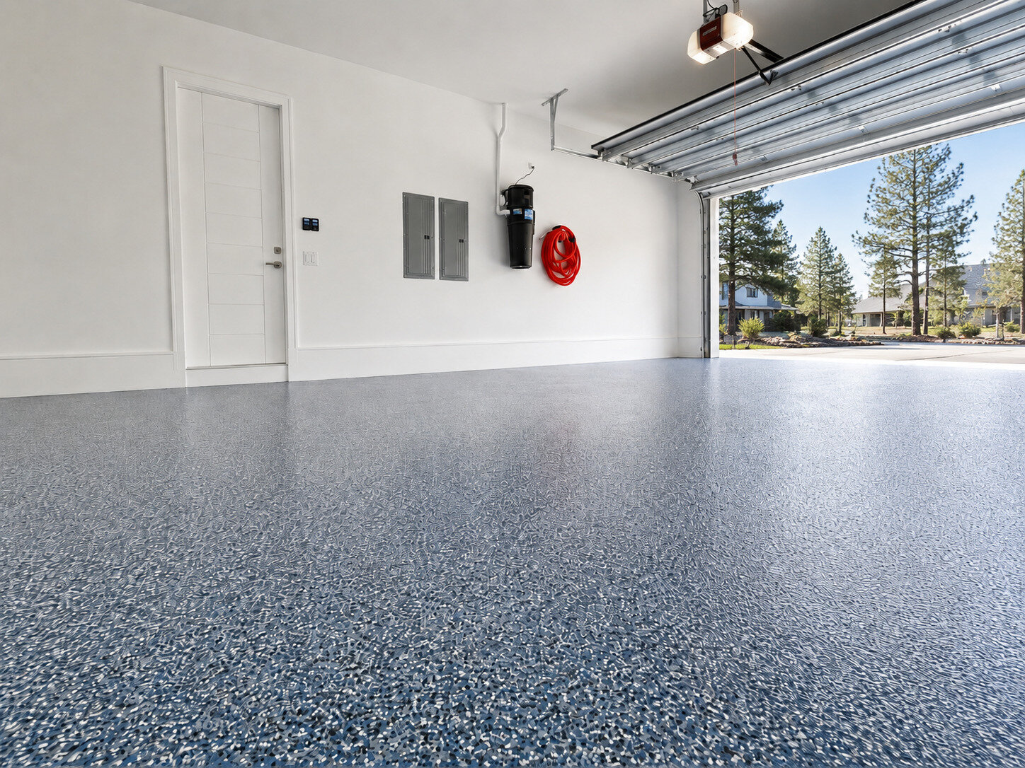 Finished garage floor coating with bright natural light
